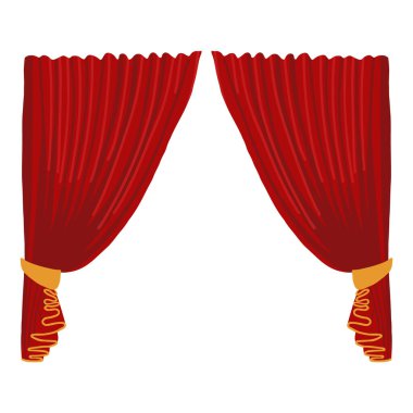 Theater background with open red velvet curtains in retro style and empty space. Vector illustration isolated on white background.