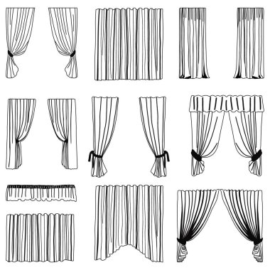 Window curtains. Outline design with elegant drapes template. Hanging fabric set. Room design accessories. Vector illustration