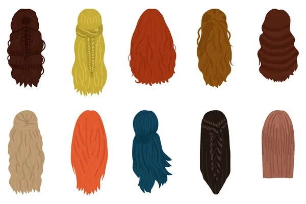女性发型的概念 收藏自然假发和美丽的发型 反向视图矢量说明 — 图库矢量图片