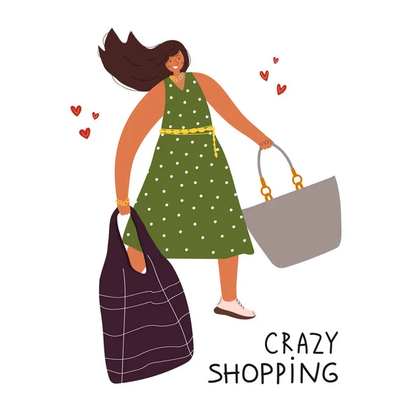 时尚快乐的女人喜欢购物 她提着购物袋跑去商场买最新的东西 折扣和购买的概念 平面矢量设计 — 图库矢量图片