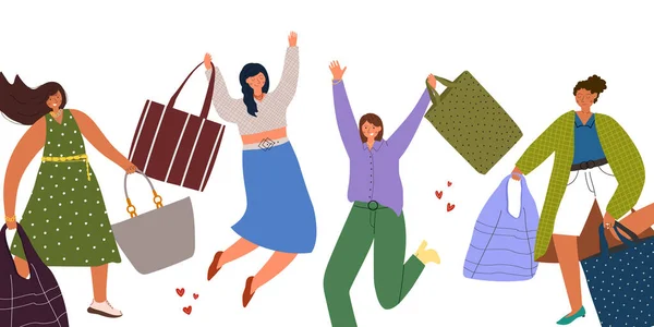 Bannière Web Avec Des Femmes Heureuses Élégantes Aiment Faire Shopping — Image vectorielle
