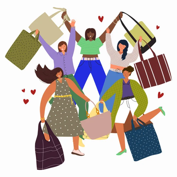 Tarjeta Con Mujeres Felices Con Estilo Disfrutar Las Compras Llevan — Vector de stock