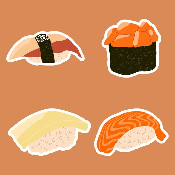 Vektor Ilustrasi Sashimi Koleksi Stiker Dengan Sushi Makanan Asia Ilustrasi - Stok Vektor