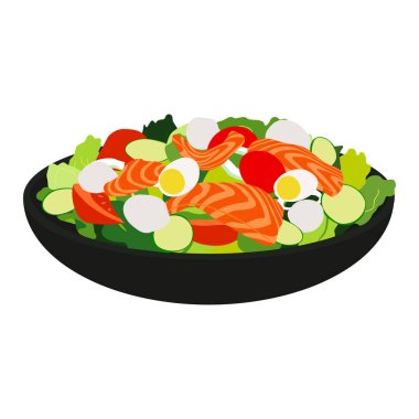 Sebzeli ve somonlu ev yapımı taze salata. Sağlıklı gıda konsepti. Düz vektör çizimi beyaz arkaplanda izole edildi