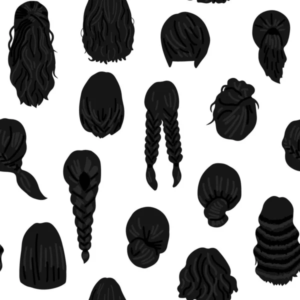 女性の髪型の概念 天然のウィッグと美しいヘアスタイルでシームレスなパターン バックビューベクトルイラスト — ストックベクタ