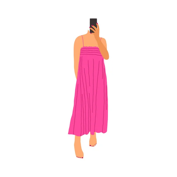 Carte Avec Femme Élégante Robe Rose Faisant Selfie Concept Rabais — Image vectorielle
