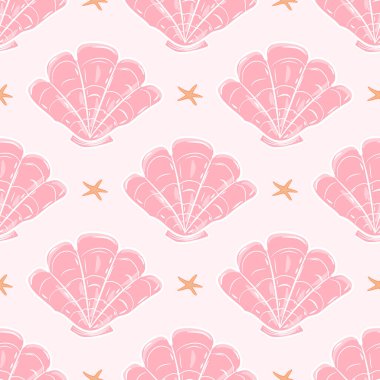 Pink Shells and Starfish on Pink Background Beautiful Sea Life Pearls Seamless Pattern Vector. Elegance Detailed Sweetly Bright Drawing cute and Lovely Detailed Repeat Design for Wallpaper Backdrop