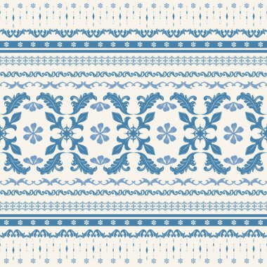 Classy Elegant Scroll Ornament Vector Fleur de lis Blooming Florals Pattern Damask with Porcelain Royal Blue Embroidery Silk Weave Seamless Border Exquisite Elaborate Detailed Decoration Haute Couture