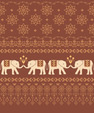 Brown Elephants and Flowers Parade Traditional Embroidery Design