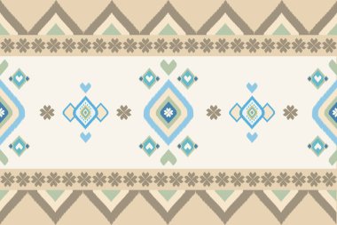 Minimal Warm Embroidery Mocha Mousse and Light Blue Sky Weaves on Ivory Beige Background. Zigzag Herringbone Motif Geometry Style. Minimal Cute Knit Hearts Flowers Decoration Border Seamless Pattern