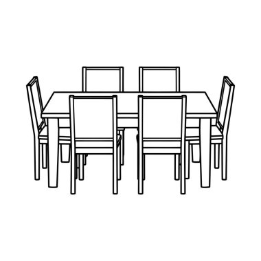 Altı sandalyeyle çevrili dikdörtgen bir yemek masası tasviri. Basit bir tasarım arayan çocuklar ya da yetişkinler için boyama kitabı için mükemmel..