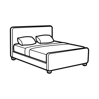 Yatak başlığı, yatak yatağı ve iki pelüş yastığın olduğu rahat bir yatağın temel çizimi. Boyama kitabı ya da ev dekorasyonu sanatı için mükemmel..