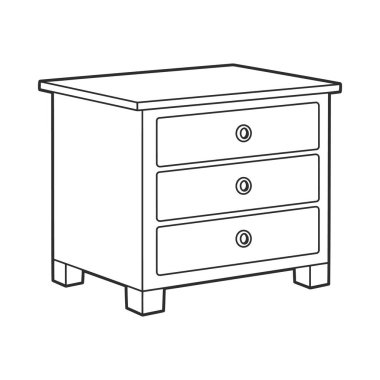 Bu resim, boyama kitabı için mükemmel olan üç çekmeceli bir komodinin temiz çizgi çizimini içeriyor. Her yaş için renklendirmesi ve süslemesi kolay.