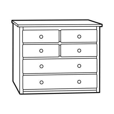 Bu resim, yedi çekmeceli bir şifonyerin, boyama kitabı için mükemmel bir çizgi çizimini içeriyor. Yaratıcılığını serbest bırak ve bu mobilyaları renklerle canlandır..