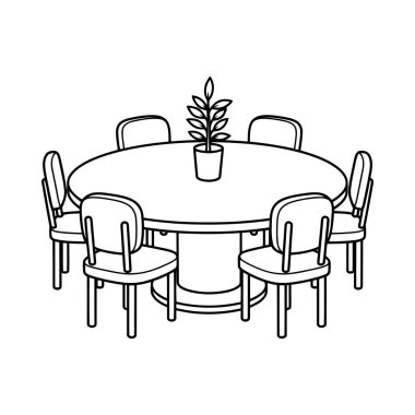 Bu resim, merkezinde saksı bitkisi olan sandalyelerle çevrili oval bir yemek masasının basit bir taslağını içeriyor. Her yaş için boyama kitabı için mükemmel..