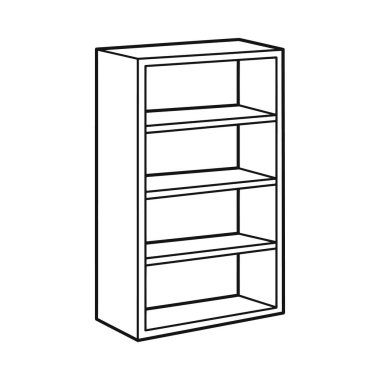 Boş dört raflı bir kitaplığın açık ve net bir tasviri. Yaratıcı sanatsal ifade ve tasarım için geniş bir alan sunan boyama kitabı sayfası için mükemmel..