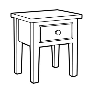Klasik ahşap bir komodinin tek çekmeceli ve yuvarlak düğmeli çizimi. Çocuklar ve yetişkinler kendi renklerini eklesinler diye basit bir boyama kitabı sayfası için mükemmel..
