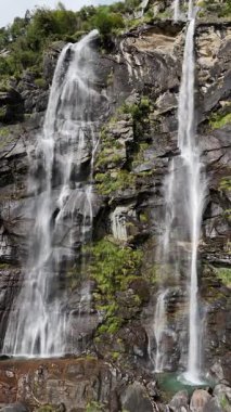 İsviçre 'de yeşil ormanlarla çevrili kayalık kayalıklardan akan manzaralı şelale.