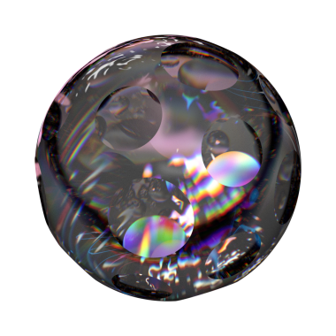 Şeffaf bir ışık dağılımı ve kıvrımlı optik geometri yoluyla yansımaları gösteren, şeffaf bir arkaplan üzerinde oluşturulan, mor ve gökkuşağı spektral kırılma ile şeffaf bir cam küre.