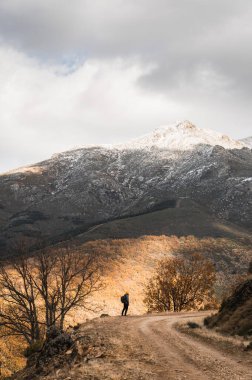 Sonbahar ormanlarında ve karlı dağlarda yürüyüş yapan