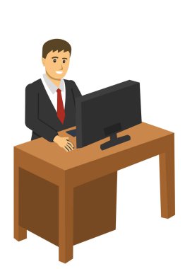 Man in front of computer, isolated. Vector design.