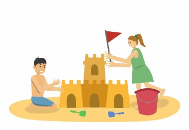 Kids play a sand in beach isolated. Kids make sand castle. Vector design illustration.
