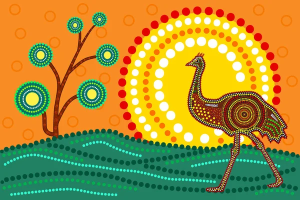 stock vector Landscape with ostrich in decorative ethnic style. Australia aboriginal traditional culture art style of dot. Scenery with emu, tree, sun, sky and grass. Aboriginal tribal art craft. Stock vector illustration