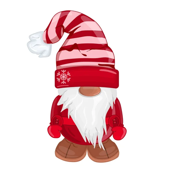 白地に隔離されたノーム 赤いジャケットとストライプキャップ付きのクリスマスの自己 帽子のノーム 休日の装飾やグリーティングカードのためのクリスマスデザイン ストックベクトルイラスト — ストックベクタ