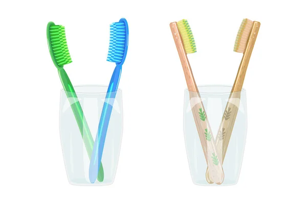 Toothbrushes Mug Isolated White Background Two Glass Cup Plastic Bamboo — Stock Vector