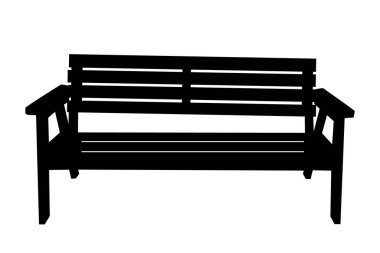 Benç simgesi beyaz arkaplanda izole edildi. Siyah bank silueti. Açık hava, bahçe ya da park bankında. Yaz tatili için ütü ya da ahşap mobilya. Dinlenme yerleri için kentsel manzara koltuğu. Stok vektör illüstrasyonu