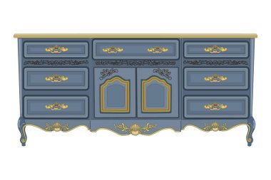 Göğüs çekmeceleri beyaz arka planda izole edilmiş. Küçük bacaklı mavi ahşap tuvalet. Yatak odası mobilyaları ve iç mekan. Viktorya dönemi şifoniyeri ya da yatak odası ve oturma odası için konsol masası. Stok vektör illüstrasyonu