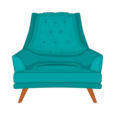 Armchair isolated on  white background. Soft armchair with upholstery. Vintage cushioned furniture. Retro chair or couch for rest and relax. Part of interior of living room or office. Stock vector illustration