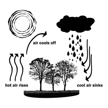 Convection process diagram. Warm air rises and cool air sinks. Hot and cooler air masses. Cloud formation process. Thermal warm and cold air circulation diagram. Science poster design. Stock vector illustration
