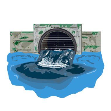 Beyaz arka planda izole edilmiş atık su ve kanalizasyon borusu. Tüpten akan kirli su. Ekolojik felaket, kirli toksik atıklar, çevresel kirlilik. Endüstriyel boru nehre zehirli atık salıyor. Stok vektör illüstrasyonu