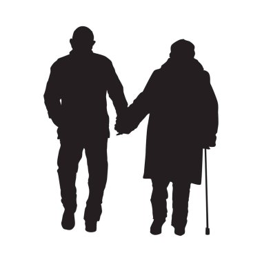 Senior couple silhouette isolated on white background. Old couple holding hands walking in park. Grandfather and grandmother together. Elderly people with cane. Mature pair in love. Stock vector illustration