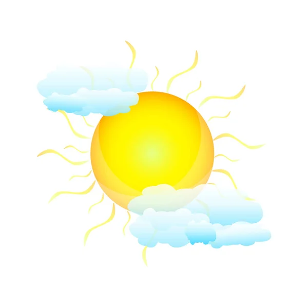 太陽と雲は白い背景に孤立している 暖かい夏や春の部分的に晴れた日の概念 雲に覆われた太陽とサイン 雲の後ろに太陽 太陽エネルギーのシンボル 昼間の天気予報 ストックベクトルイラスト — ストックベクタ