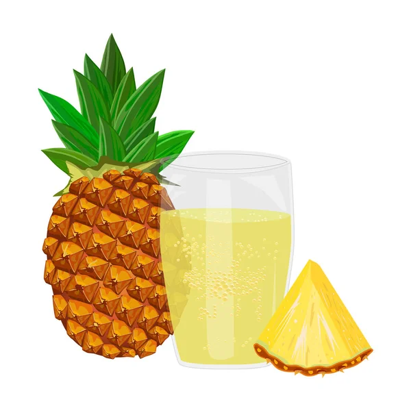 Glass Pineapple Juice Isolated White Background Whole Slice Pineapple Ananas — Stock Vector