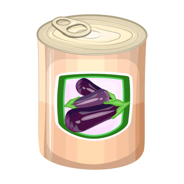 茄子罐头可以在白色背景下分离 罐头糊状 腌制或浓缩的茄子汤包 酱汁和骨髓敷料在金属罐与标签 以煮熟的蛋类植物保存食物 — 图库矢量图片