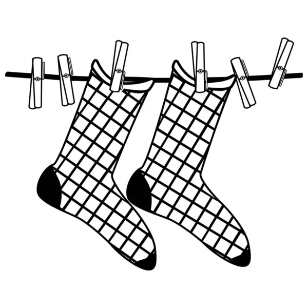 白い背景に隔離された服ピンのアイコン上の靴下 靴下は布にかかっている 靴下はロープにかかっている シンプルなライン洗濯乾燥記号 輪郭記号 洗濯の衣類の概念 ストックベクトルイラスト — ストックベクタ