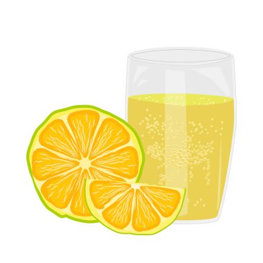 Beyaz arka planda portakal suyu ve cam. Taze sıkılmış limon, mandalina ya da portakal suyu. Meyve suyu, kokteyl ya da limonata. Portakal dilimleri, ferahlatıcı bitki özü ya da cam içinde smoothie. Stok vektör illüstrasyonu