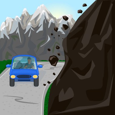 Rock fall on road. Mountain landslide with slide rocks and car on roadway. Natural disaster, earthquake, mudslide or danger concept. Dangerous cliff with debris near auto traffic. Stock vector illustration clipart