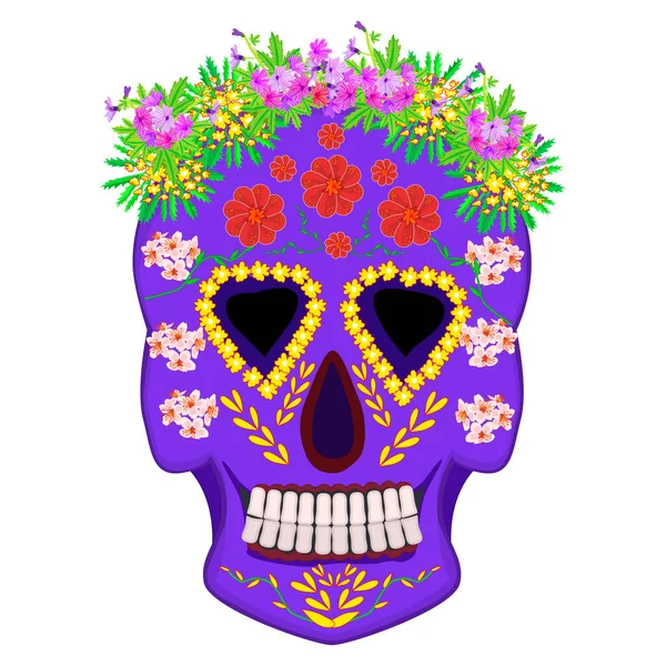 stock vector Mexican sugar skull isolated on white background. Dia de Los Muertos. Day of The Dead. Mexico folk culture. Purple skull with colorful floral ornament. Stock vector illustration