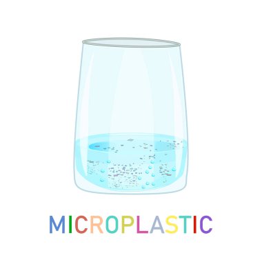 Beyaz zemin üzerinde su ve mikro plastik izole edilmiş cam. Su mikro plastiklerle kirlenmiş. Suda zararlı maddeler tespit etmek. Kirlenmiş okyanus sorunu. Su kirliliği içmek. Stok vektör illüstrasyonu