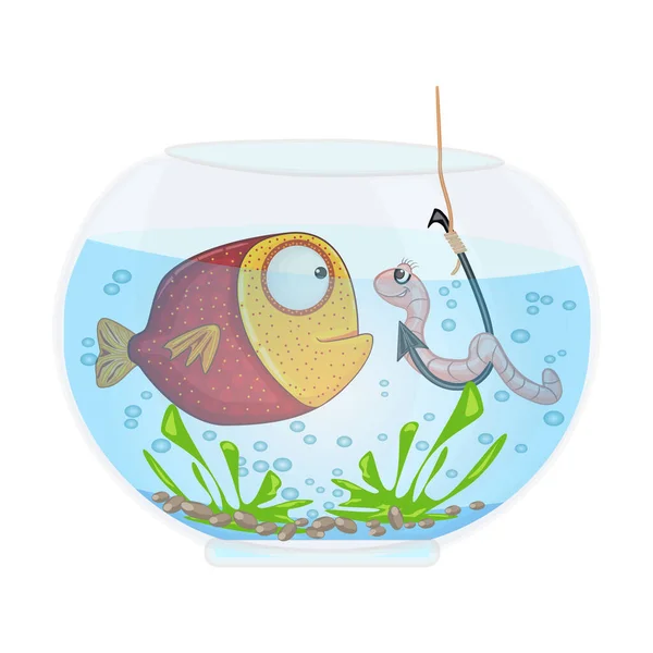 Fisch Und Wurm Haken Aquarium Isoliert Auf Weißem Hintergrund Angeln — Stockvektor