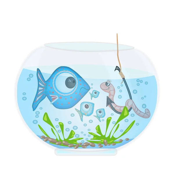 Ψάρια Και Σκουλήκια Στο Αγκίστρι Ενυδρείο Απομονωμένα Λευκό Φόντο Ψάρεμα — Διανυσματικό Αρχείο