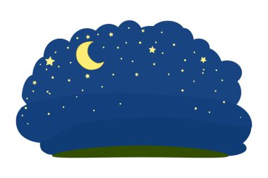 Beyaz arka planda karikatür gece gökyüzü izole. Hilal ay, yıldızlar ve çimenler gece yarısı gökyüzünde. Gece gökyüzü manzara ikonu. Rüya gibi bir gece arkaplanı, ay ışığı ve yıldızlı cennet. Stok vektör illüstrasyonu