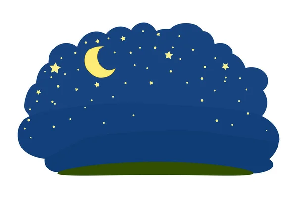 Cartoon Nachthimmel Isoliert Auf Weißem Hintergrund Mondsichel Sterne Und Gras — Stockvektor