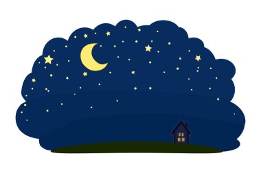 Çizgi film evi ve gece gökyüzü yıldızlar ve ay beyaz arka planda izole edilmiş. Yıldızlı gökyüzünde bir evle gece yarısı sahnesi. Gece karanlığı, çiftlik evi, ay ışığı ve yıldızlı cennetli rüya gibi bir yer. Stok vektör illüstrasyonu