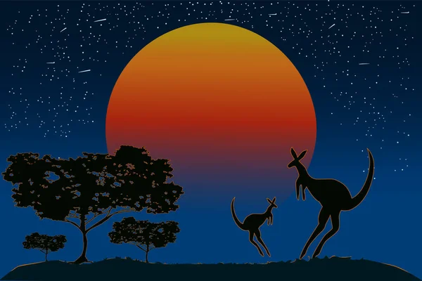 Gün Batımında Kanguru Ailesinin Silueti Avustralya Turuncu Gündoğumu Akasya Ağaçları — Stok Vektör