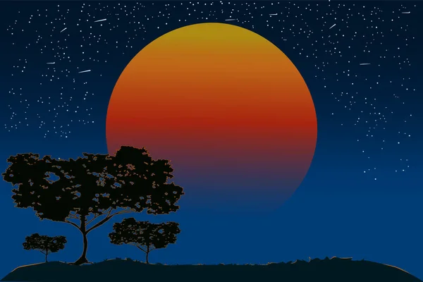 夕暮れ時のアカシアの木のシルエット オレンジの太陽と夕方の空とアフリカやオーストラリアの野生の風景 コピースペース付きのナイトサバンナバナー 紫色の日没や日の出と風景 夕暮れの自然を背景に ストックベクトルイラスト — ストックベクタ